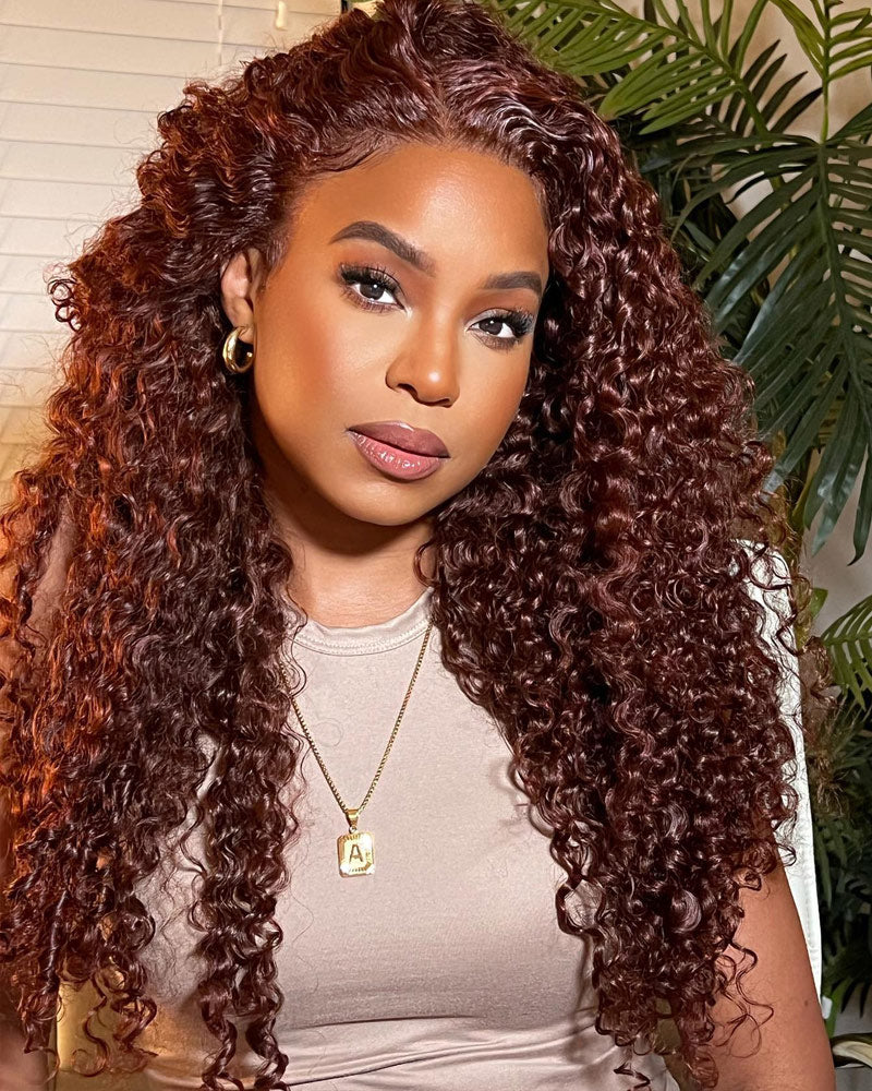 {Super Deal} Copper Red Colored Wig 13x4 HD Transparent Lace Frontal Wig Pre Plucked Reddish Brown Curly Wigs-Alididihair