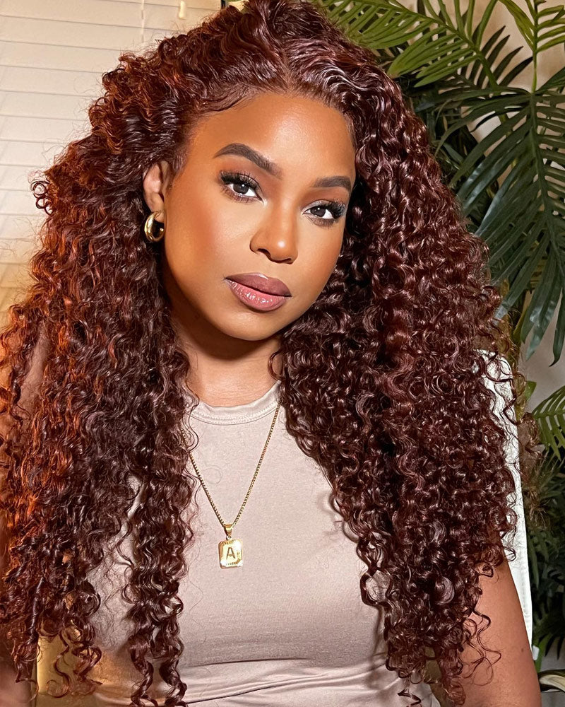 {Super Deal} Copper Red Colored Wig 13x4 Transparent Lace Frontal Wig Pre Plucked Reddish Brown Curly Wigs-Alididihair