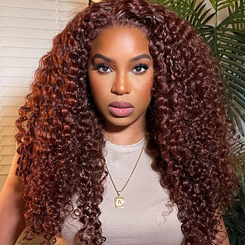 {Super Deal} Copper Red Colored Wig 13x4 HD Transparent Lace Frontal Wig Pre Plucked Reddish Brown Curly Wigs-Alididihair