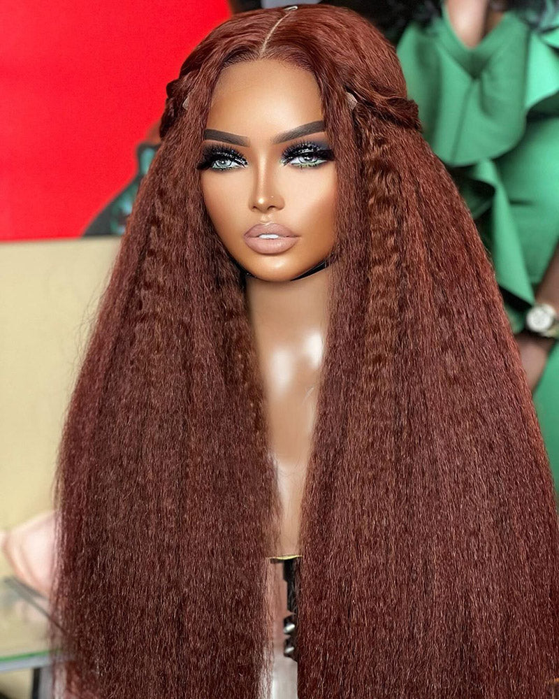 Reddish Brown 13x4/4x4 HD Transparent Lace Wig Kinky Straight Glueless Human Hair Wigs