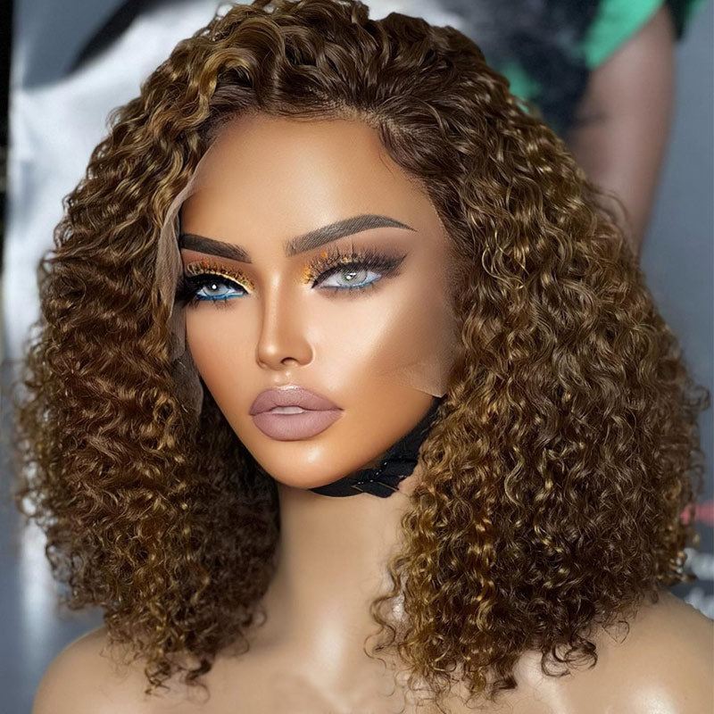 Short-Bob-Wig-Ombre-Brown-13x4-HD-Transparent-Lace-Frontal-Wig-Pre-Plucked-Curly-Human-Hair-Wig-Alididihair