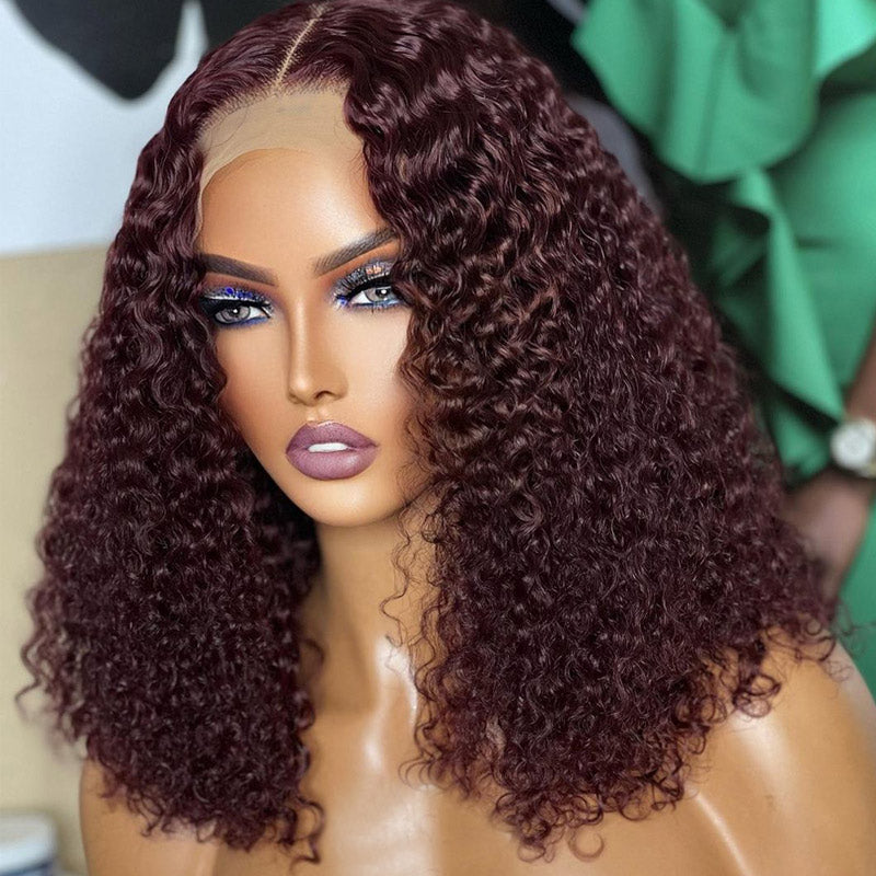 Short Curly Bob Wig Dark 99j Burgundy 13x4 HD Transparent Lace Frontal Wig Pre Plucked Real Human Hair Wig-Alididihair