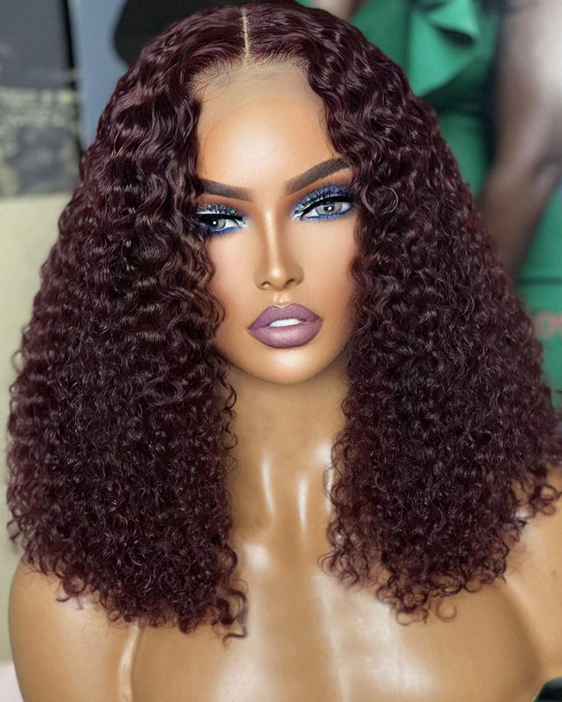 Short Curly Bob Wig Dark 99j Burgundy 13x4 HD Transparent Lace Frontal Wig Pre Plucked Real Human Hair Wig-Alididihair