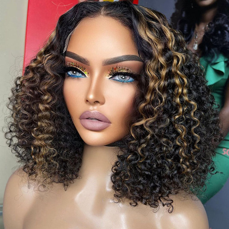 Short Curly Bob Wig Ombre Blonde Highlight 13x4 HD Transparent Lace Frontal Wig Pre Plucked Real Human Hair Wig-Alididihair