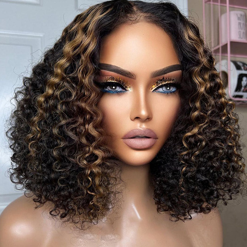 Short Curly Bob Wig Ombre Blonde Highlight 13x4 HD Transparent Lace Frontal Wig Pre Plucked Real Human Hair Wig-Alididihair