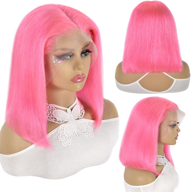 Short Straight Hair 13x4 HD Transparent Pink Lace Front Wig Natural Hairline Human Hair Bob Wig-Alididihair
