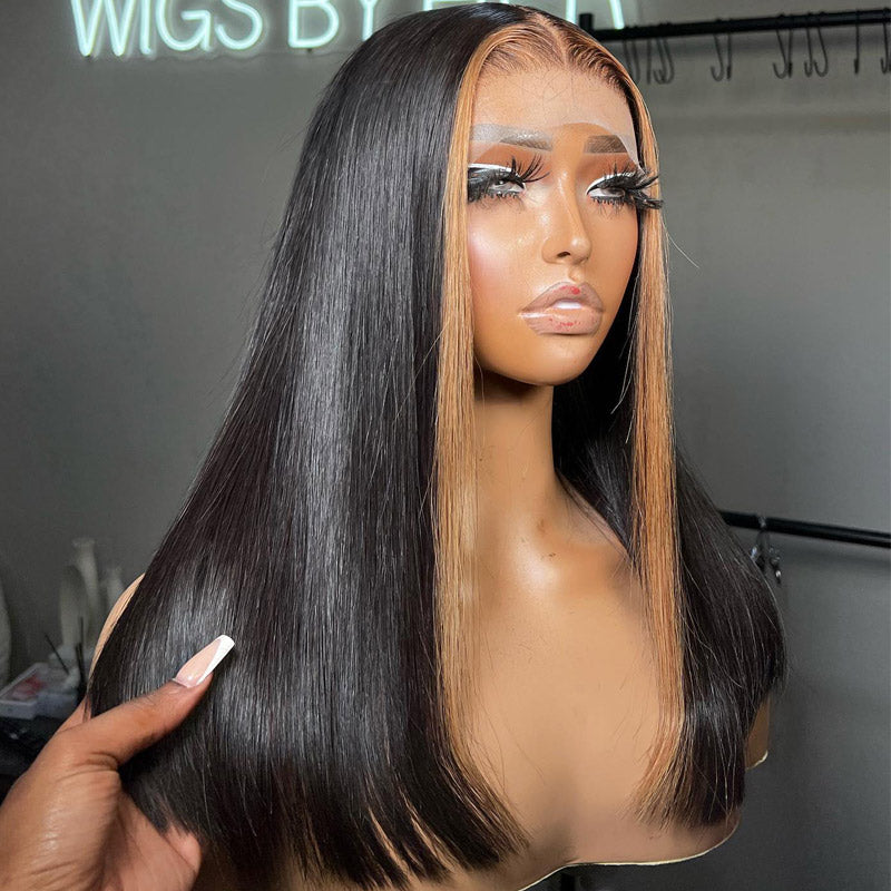 Alididi Skunk Stripe Bob Wig 13x4 Blond Highlight Straight HD Transparent Lace Frontal 100% Human Hair Wig