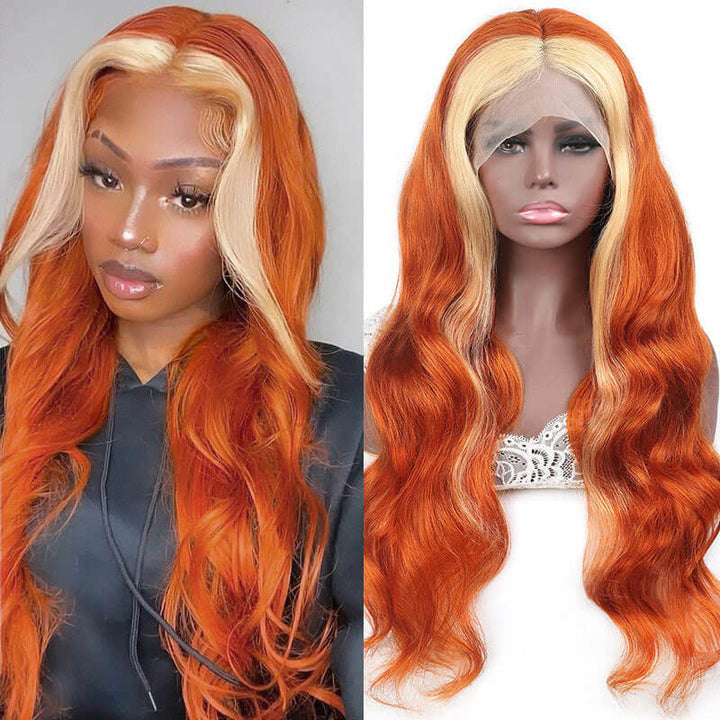 Skunk Stripe Wig Ginger Color Hair With Blonde Highlights 13x4 Hd Transparent Lace Wig Body Wave Ombre Human Hair Wigs