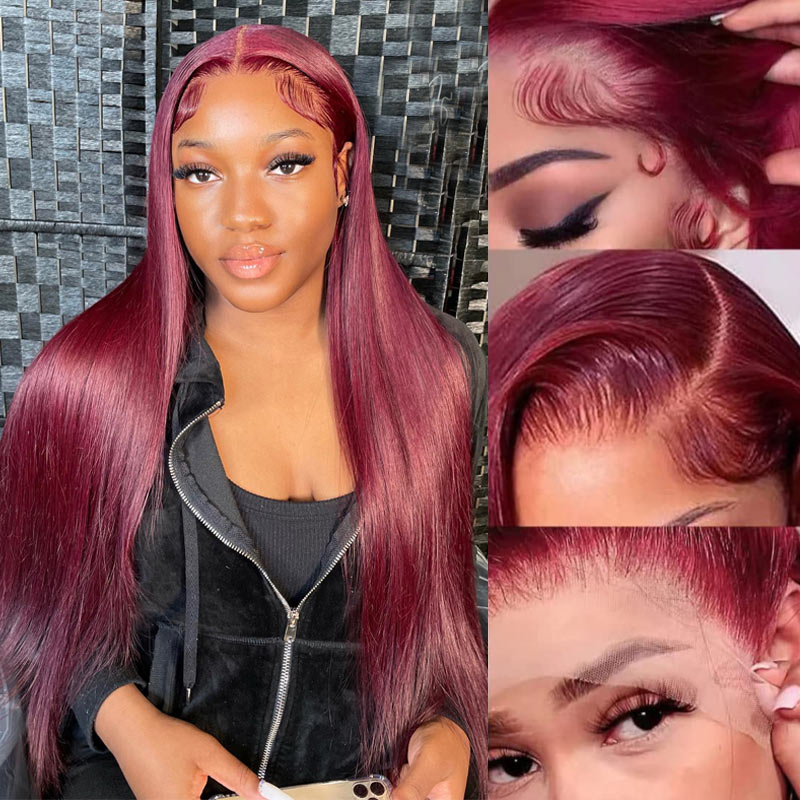 13x4 HD Transparent 99J Burgundy Lace Frontal Wigs Straight Human Hair Wig-AlididiHair