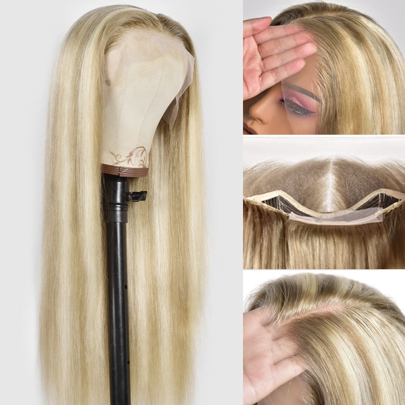 Straight Hair P18/613 Honey Blonde Highlights 13x4 HD Transparent Lace Frontal Wig Pre Plucke-Alididihair
