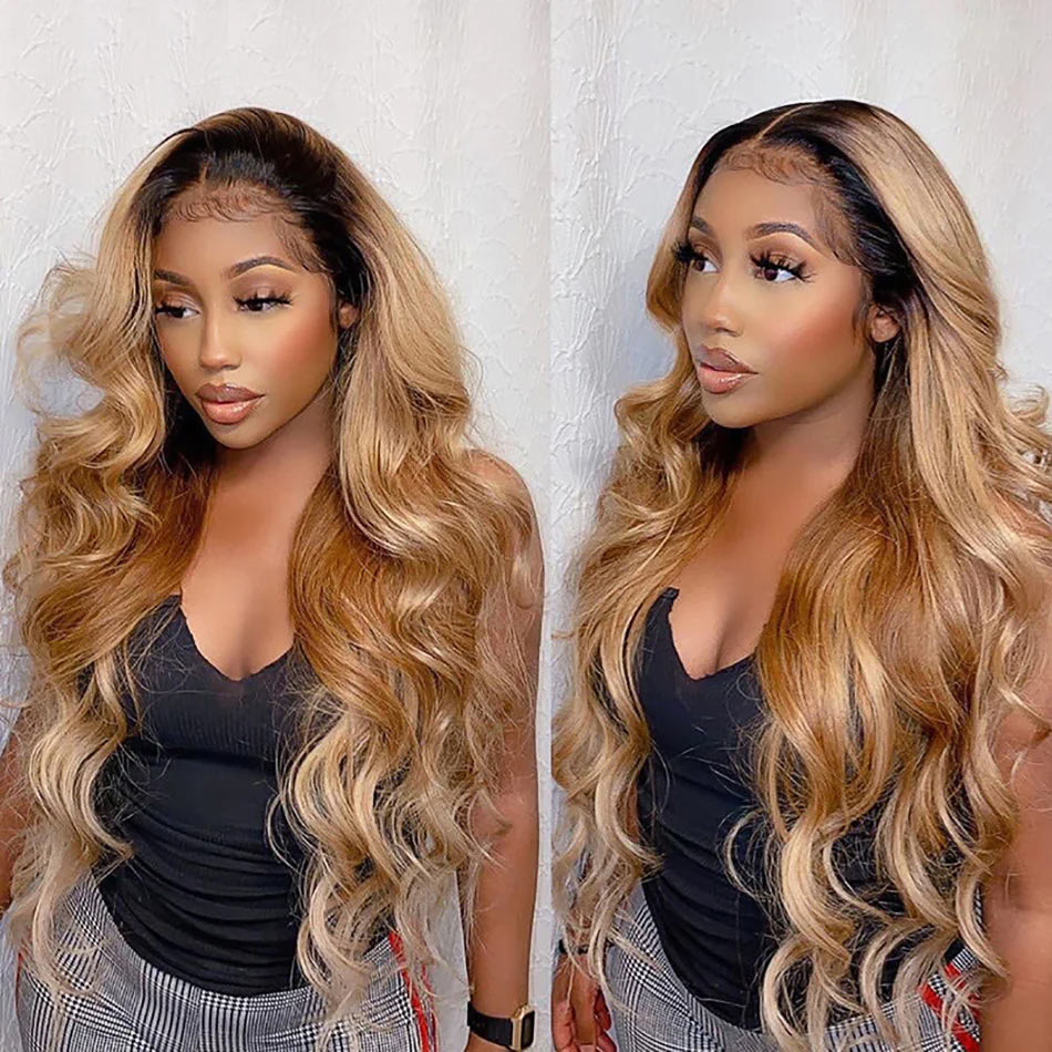 13x4 HD Transparent Lace Frontal Wig Ombre Body Wave Lace Front Wig T1B/27 Honey Blonde Lace Front Wigs-Alididi