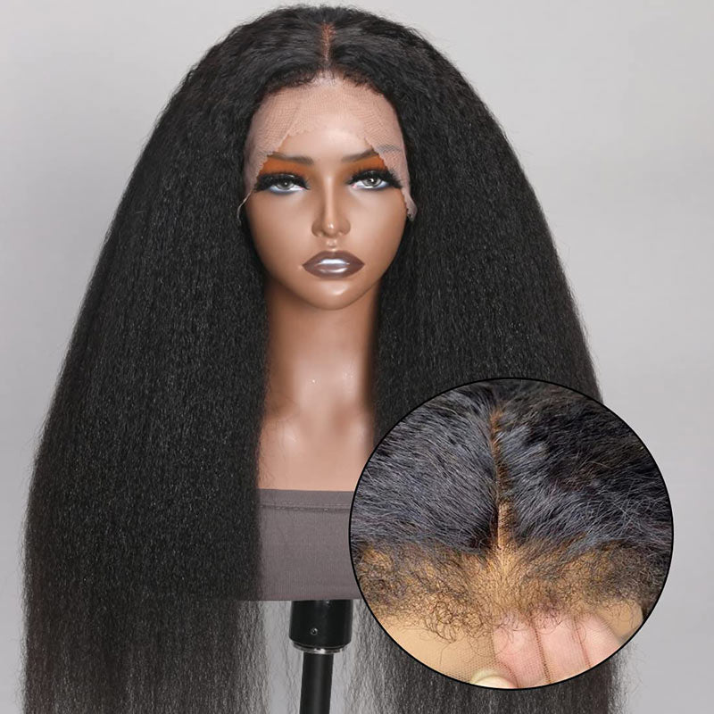 Natural 4C Edges Kinky Straight 13x4 HD Transparent Lace Front Wig With 4C Hairline Kinky Edges-AlididiHair
