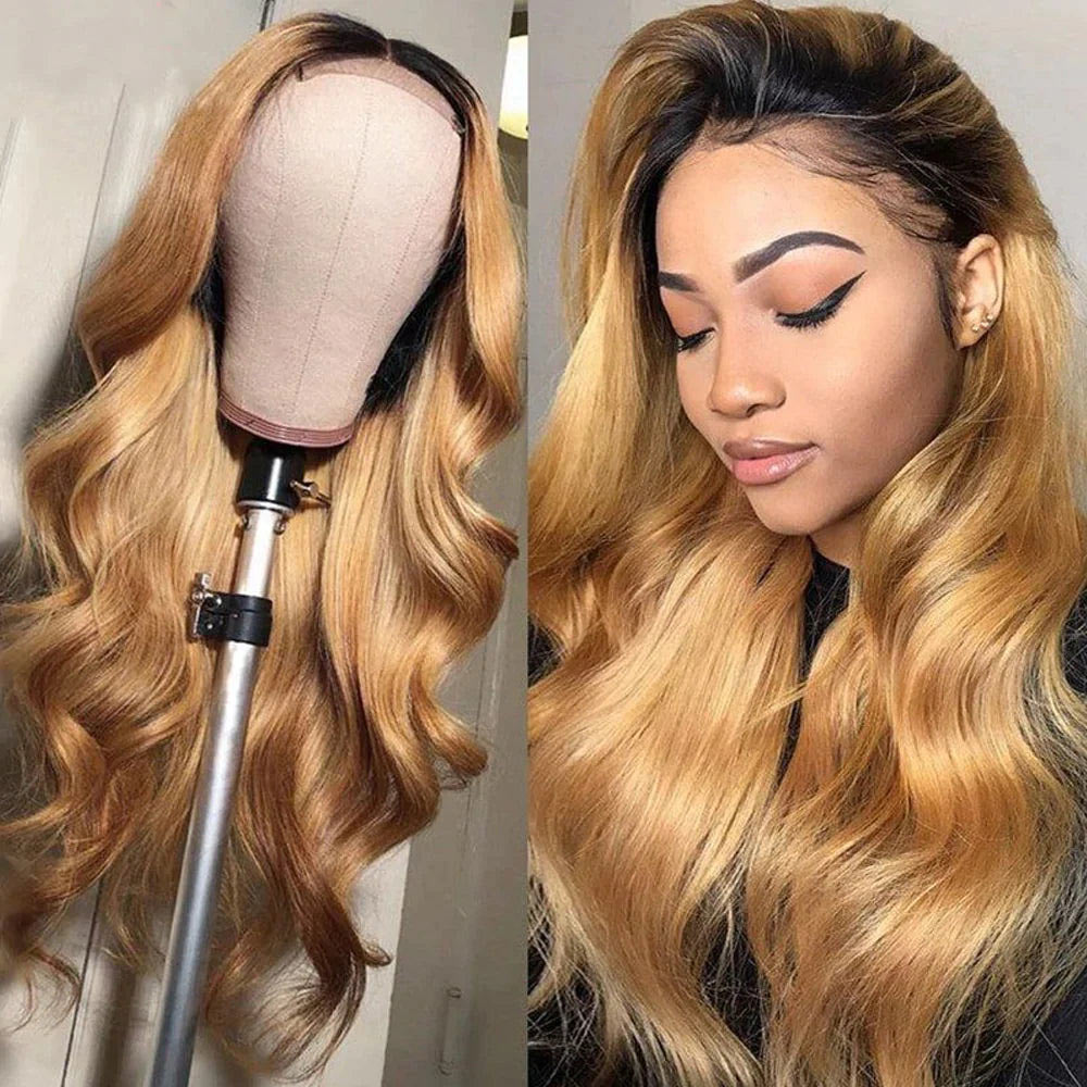 13x4 HD Transparent Lace Frontal Wig Ombre Body Wave Lace Front Wig T1B/27 Honey Blonde Lace Front Wigs-Alididi