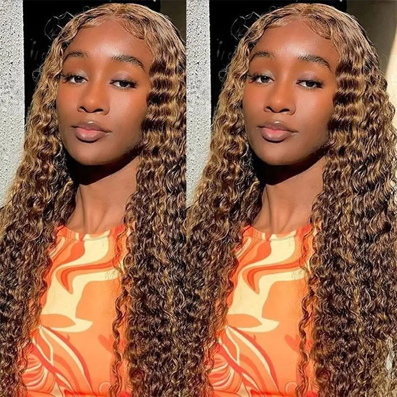 Alididi Water Wave #4/27 Honey Blonde Highlight Wig 13x4 HD Transparent Lace Frontal Wig Pre Plucked Real Human Hair Wig
