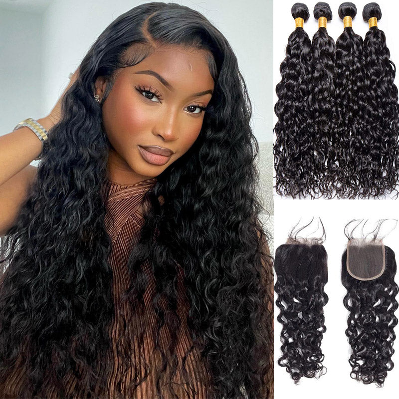 Alididi Water Wave Hair 4 Bundles With 4x4 Closure Brazilian Hair Natural Color