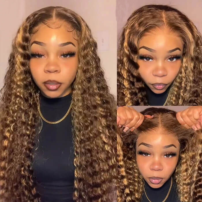 Wear And Go Wig 4x6 HD Transparent Lace Frontal Wig Deep Wave Blonde Hair With Highlights-Alididihair