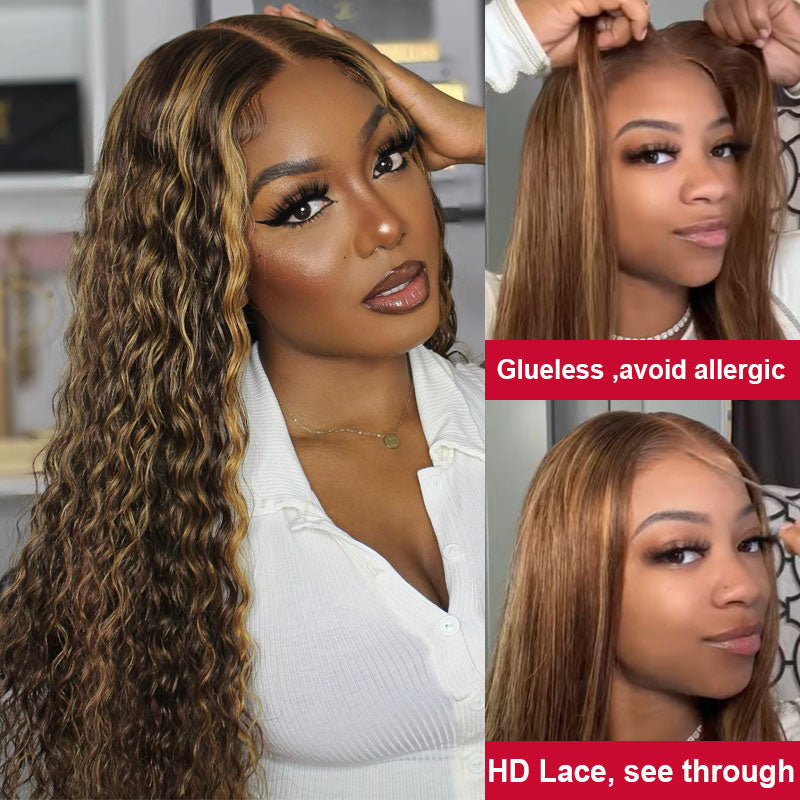 Wear And Go Wig 4x6 HD Transparent Lace Frontal Wig Deep Wave Blonde Hair With Highlights-Alididihair