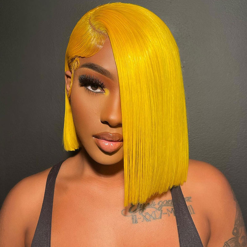 Short Straight Hair Bob Wig Yellow Color 13x4 HD Transparent Lace Front Wigs Pre Plucked-Alididihair