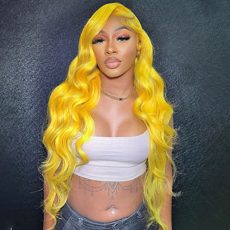 Yellow-Color-13x4-HD-Transparent-Lace-Frontal-Wig-Body-Wave-Pre-Plucked-Hairline-Best-Human-Hair-Wig-Aliddihair