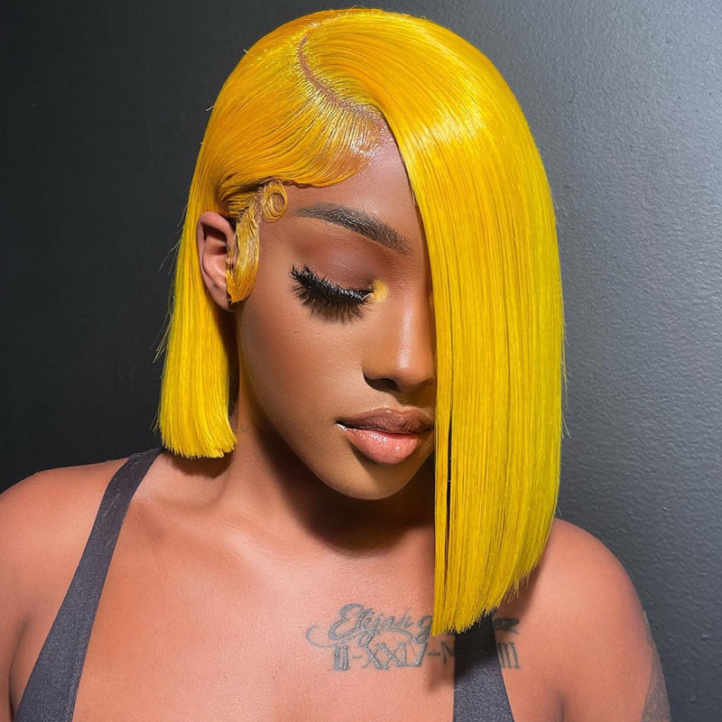 Short Straight Hair Bob Wig Yellow Color 13x4 HD Transparent Lace Front Wigs Pre Plucked-Alididihair