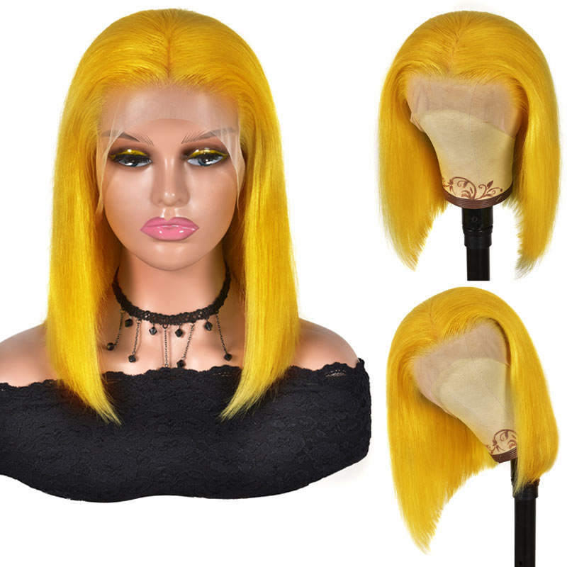 Short Straight Hair Bob Wig Yellow Color 13x4 HD Transparent Lace Front Wigs Pre Plucked-Alididihair