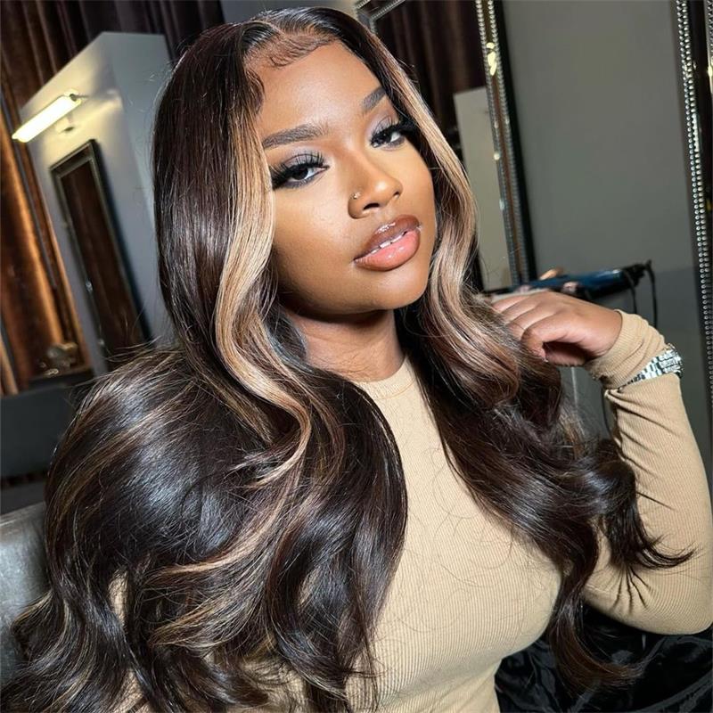 Body Wave Blonde Hair With Highlight Wig 13x4 HD Transpatent Lace Frontal Wig Skunk Stripe Human Hair Wigs