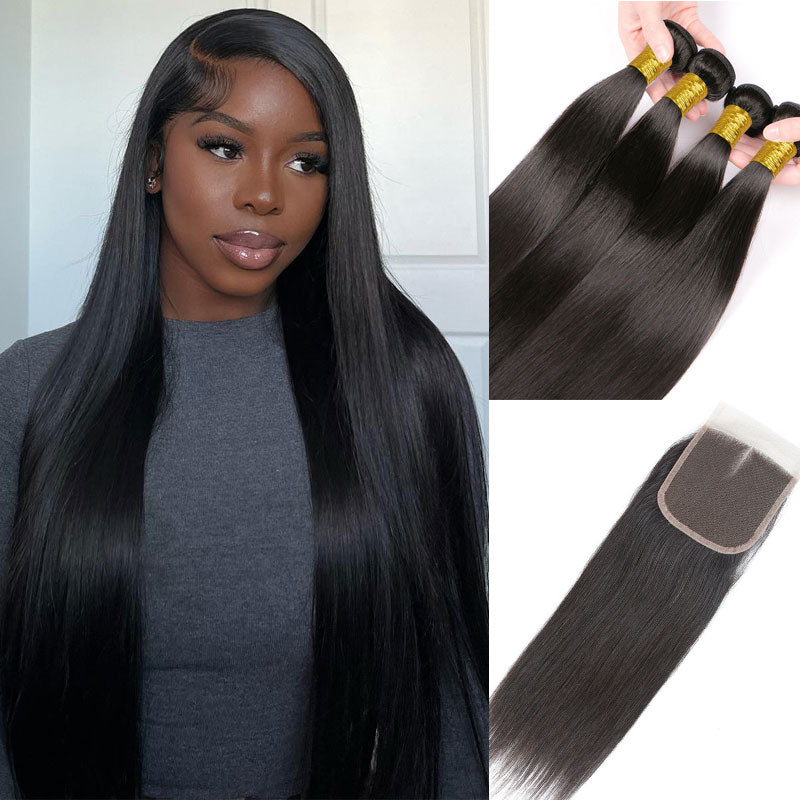 Alididi Straight Hair 4 Bundles With 4x4 Closure Natural Color Brazilian Virgin Hair