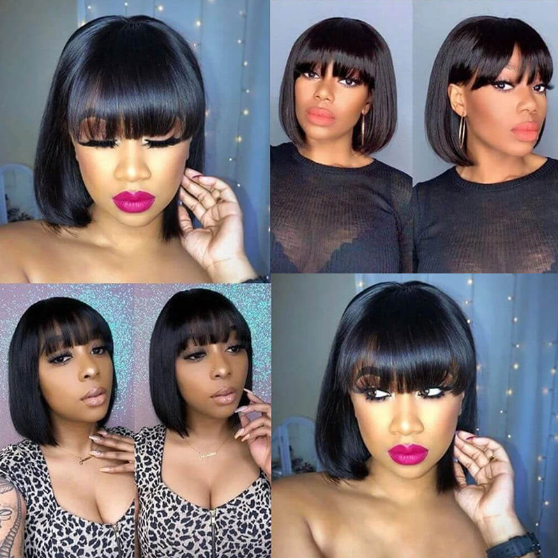 Flash Sale:Short Straight Bob Wig With Bangs Natural Black Hair 100% Human Hair Wig