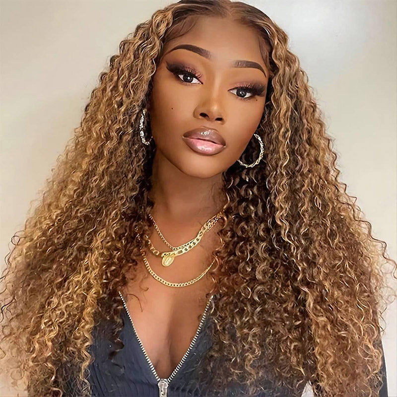 13x6 HD Transparent Lace Frontal Honey Blonde Highlight #4/27 Curly Human Hair Wigs-Alididihair