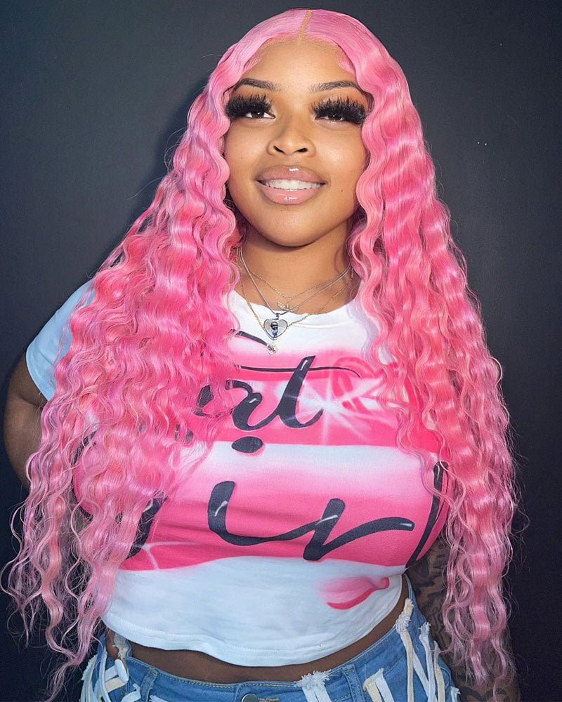 Deep Wave 13x4 HD Lace Frontal Wig Pre Plucked Natural Hairline Pink Human Hair Wig-Alididihair