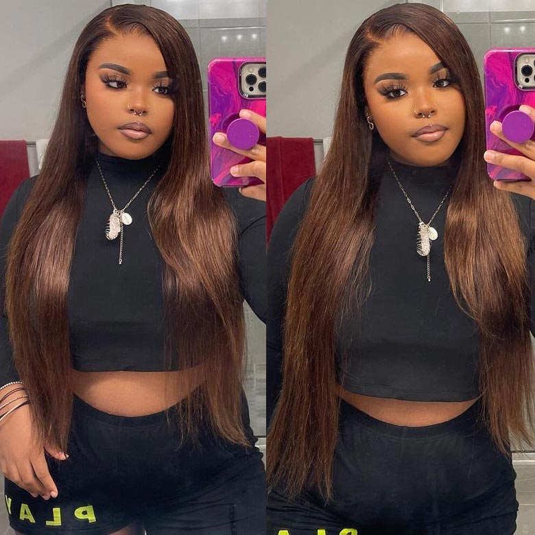 {Super Deal} #4 Chestnut Long Straight Hair 13x4 HD Transparent Lace Frontal Wigs Pre Plucked-Alididihair