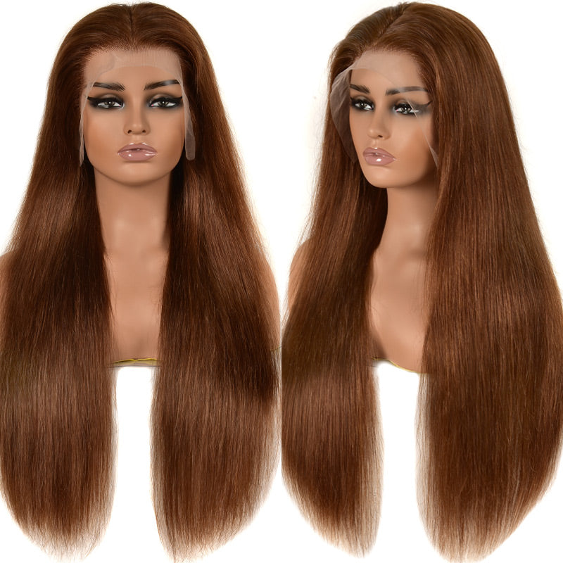 {Super Deal} #4 Chestnut Long Straight Hair 13x4 HD Transparent Lace Frontal Wigs Pre Plucked-Alididihair
