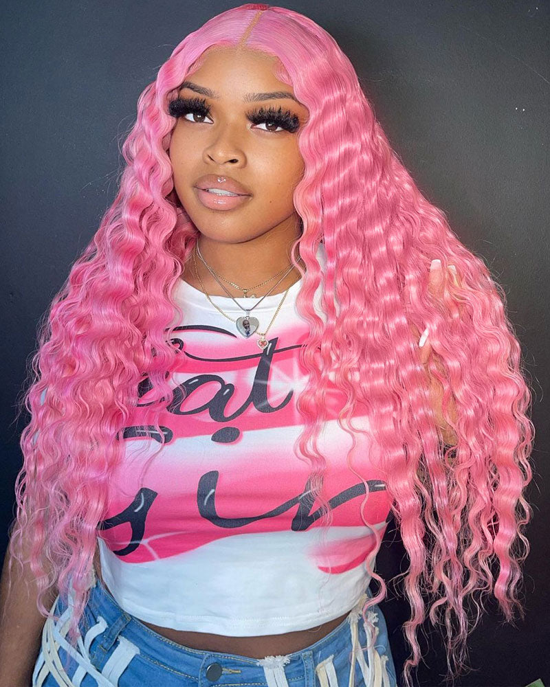 Deep Wave 13x4 HD Lace Frontal Wig Pre Plucked Natural Hairline Pink Human Hair Wig-Alididihair