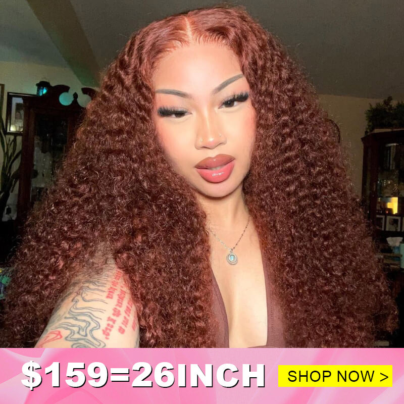 {Super Deal} Copper Red Colored Wig 13x4 HD Transparent Lace Frontal Wig Pre Plucked Reddish Brown Curly Wigs-Alididihair