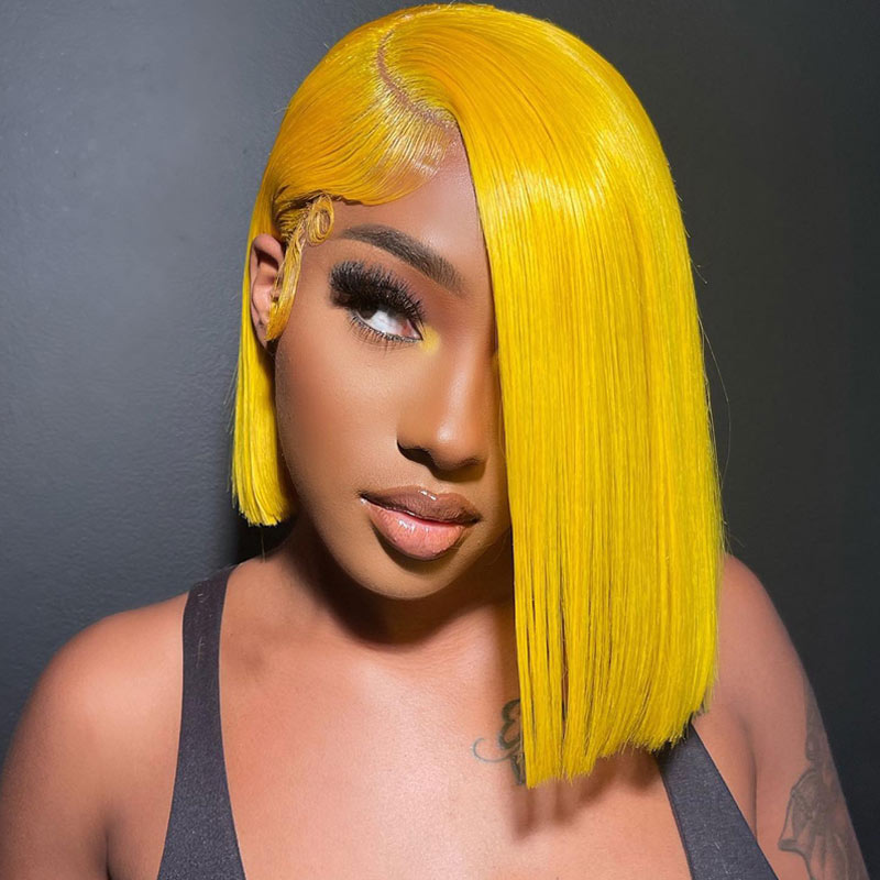 Short Straight Hair Bob Wig Yellow Color 13x4 HD Transparent Lace Front Wigs Pre Plucked-Alididihair