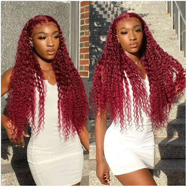 13x4 13x6 Deep Wave Lace Frontal Human Hair Wigs 99j Burg Burgundy Color Alididi