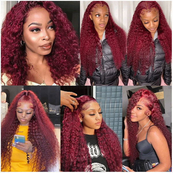 13x4 13x6 Deep Wave Lace Frontal Human Hair Wigs 99j Burg Burgundy Color Alididi