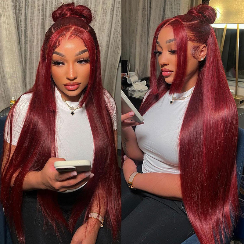 99J Burgundy Straight Hair 13x4 HD Transparent Lace Front Human Hair Wigs Pre Plucked with Baby Hair-Alididihair