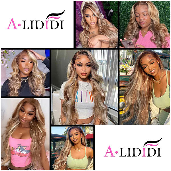 13x4 Blond Mix Brown Highlight Body Wave Straight Texture Human Hair Wigs 180% Alididi Hair