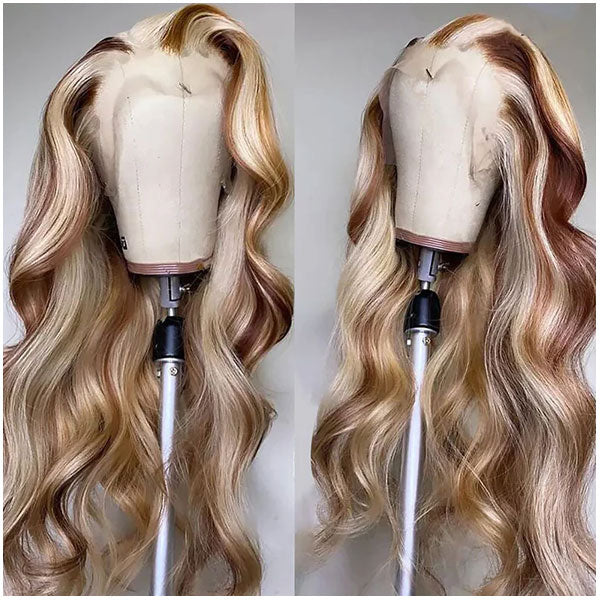 13x4 Blond Mix Brown Highlight Body Wave Straight Texture Human Hair Wigs 180% Alididi Hair