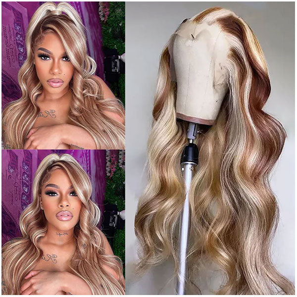 13x4 Blond Mix Brown Highlight Body Wave Straight Texture Human Hair Wigs 180% Alididi Hair