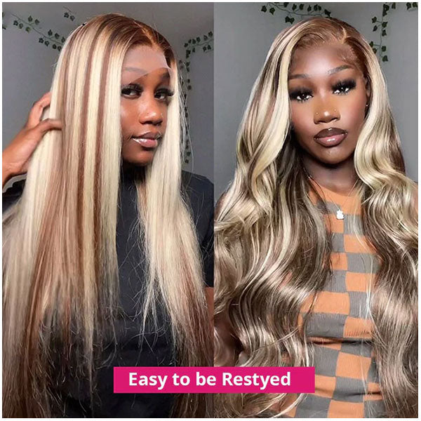 13x4 Blond Mix Brown Highlight Body Wave Straight Texture Human Hair Wigs 180% Alididi Hair