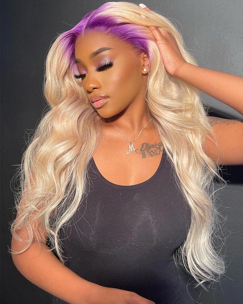 Purple Root 13x4 HD Transparent Lace Front Wig Gold Blonde Body Wave Wig Pre Plucked Real Human Hair-Alididihair