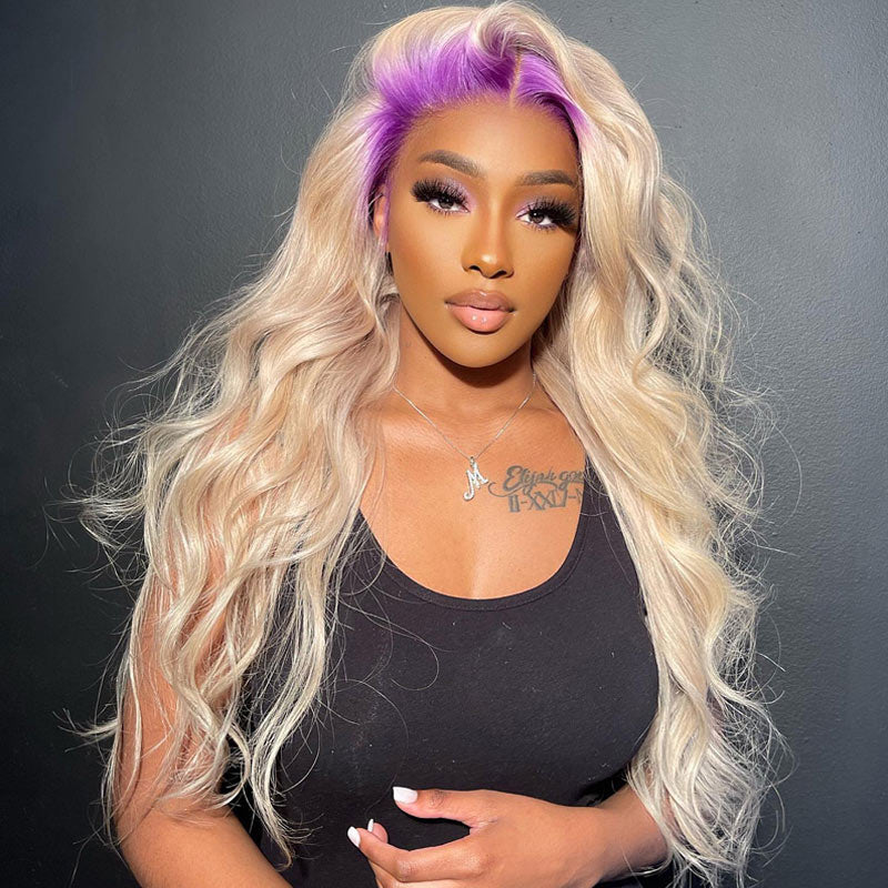 Purple Root 13x4 HD Transparent Lace Front Wig Gold Blonde Body Wave Wig Pre Plucked Real Human Hair-Alididihair