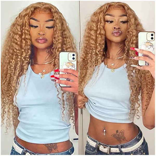 Deep Wave Honey Blonde #27 Color 13x4 HD Transparent Lace Front Wigs Virgin Human Hair Wig-Alididihair