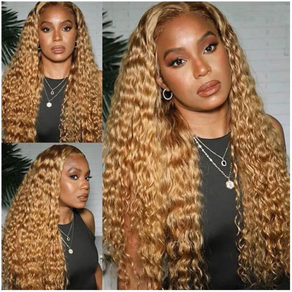 Deep Wave Honey Blonde #27 Color 13x4 HD Transparent Lace Front Wigs Virgin Human Hair Wig-Alididihair