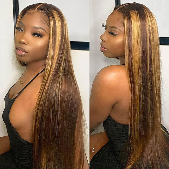 Highlight Ombre 4x4/13x4 HD Transparent Lace Front Wig 4/27 Honey Blonde Straight human Hair Wig-Alididihair