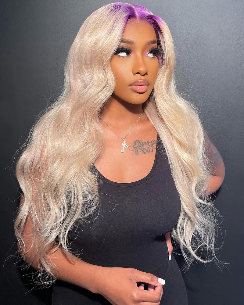 Purple Root 13x4 HD Transparent Lace Front Wig Gold Blonde Body Wave Wig Pre Plucked Real Human Hair-Alididihair