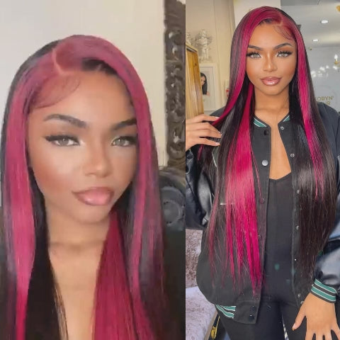 Black With Red Highlights 13x4 HD Straight Lace Frontal Wig Human Hair Pre Plucked Natural Hairline Glueless