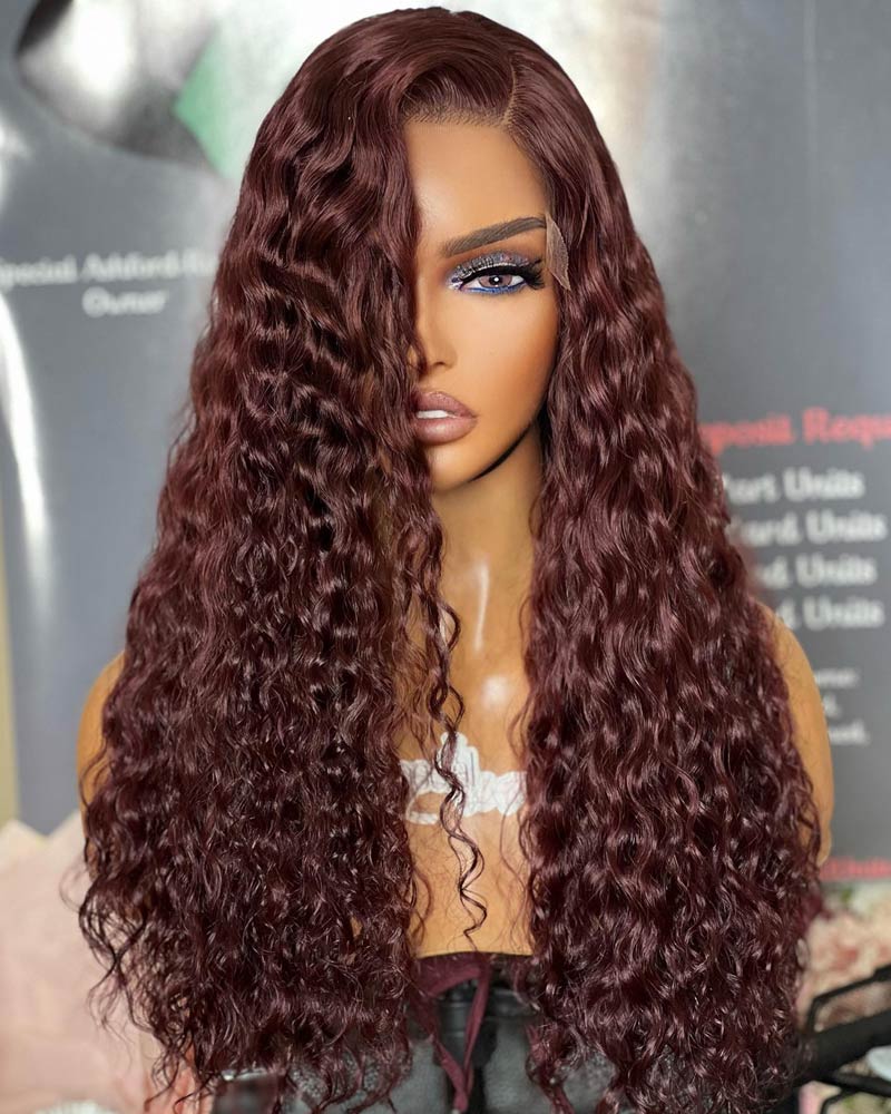 Water Wave Wig Dark 99j Color 13x4 Burgundy Lace Front Wigs 100% Real Human Hair Wig